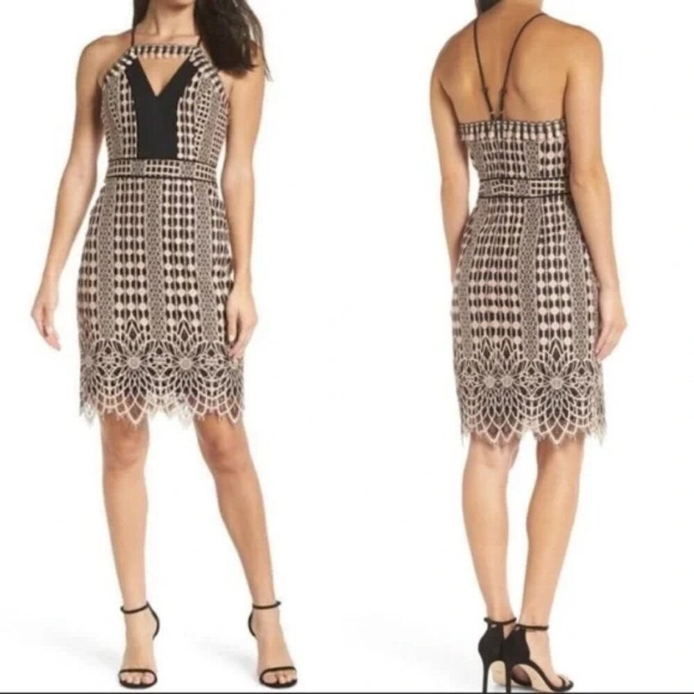 Harlyn Blush & Black Lace Overlay‎ Sheath Cocktail Dress Scallop Hem Size Medium